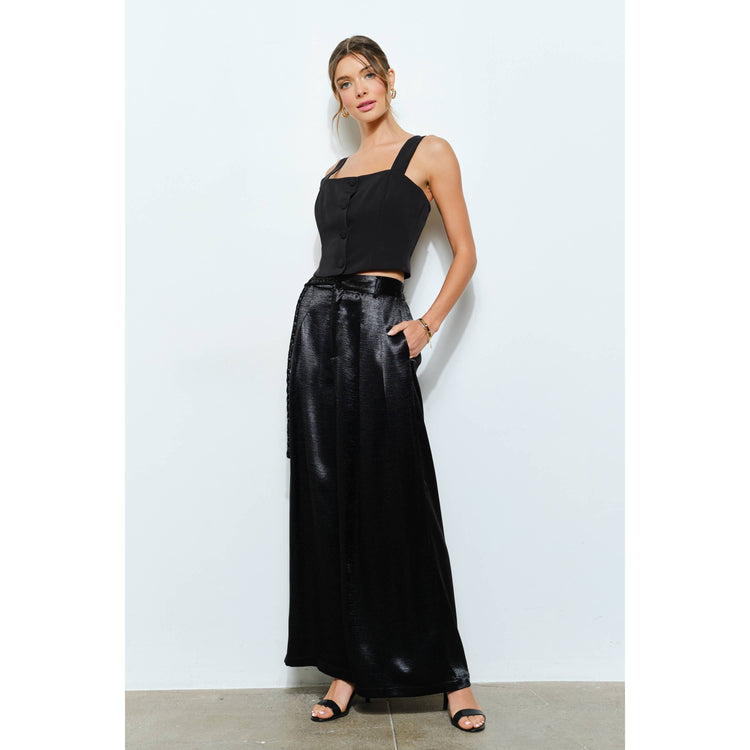 Braided Fabric Belt Detail Satin Wide Pants