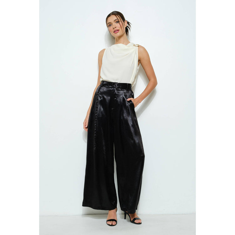 Braided Fabric Belt Detail Satin Wide Pants
