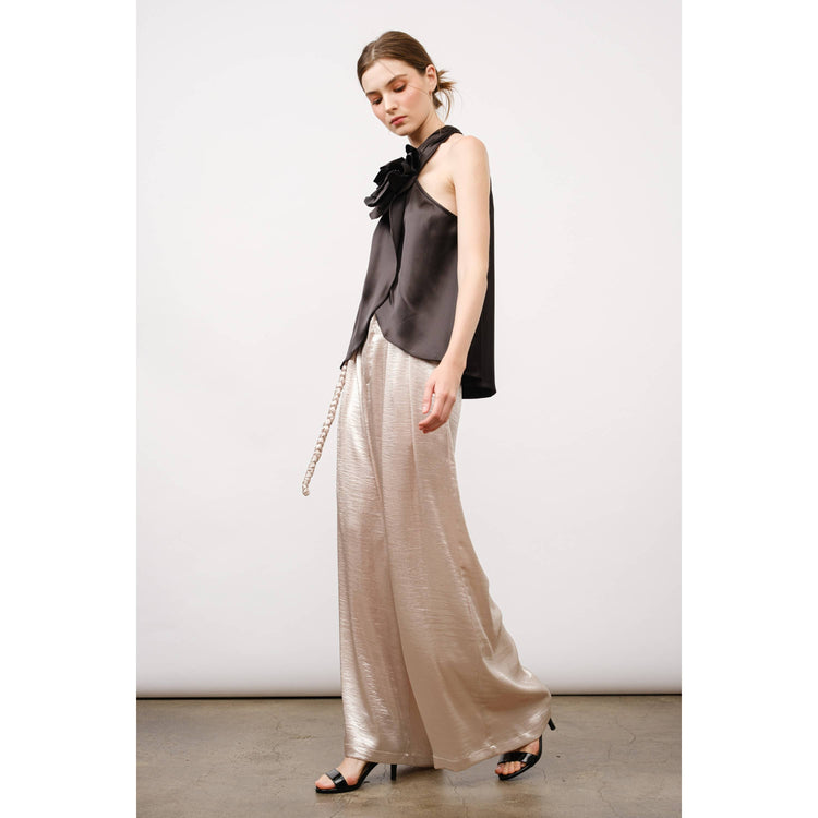 Braided Fabric Belt Detail Satin Wide Pants