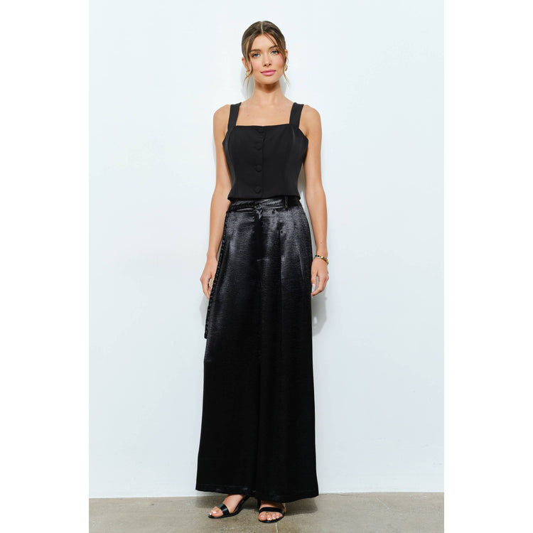 Braided Fabric Belt Detail Satin Wide Pants