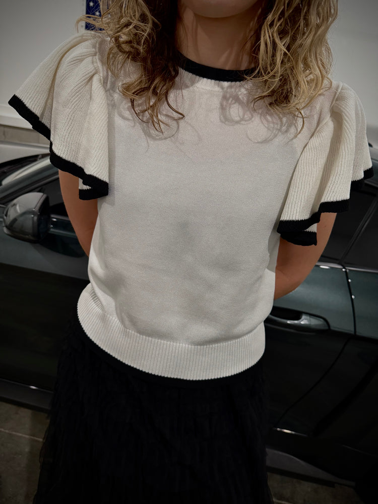 Medium & Large Left! Mittoshop Contrast Trim Ruffled Cap Sleeve Knit Top