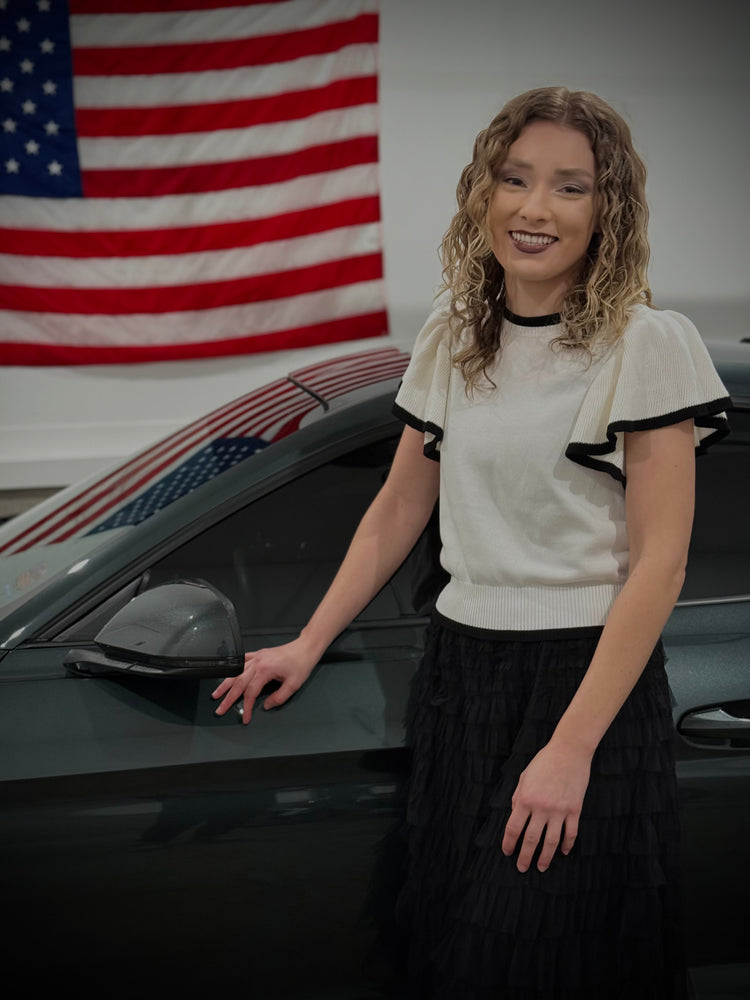 Medium & Large Left! Mittoshop Contrast Trim Ruffled Cap Sleeve Knit Top