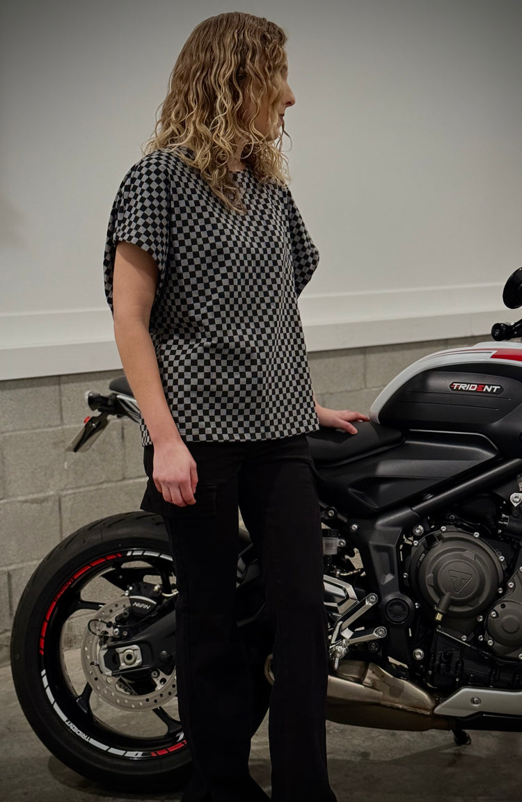 Small & Large Left! Annie Wear Checkered Round Neck Short Sleeve T-Shirt