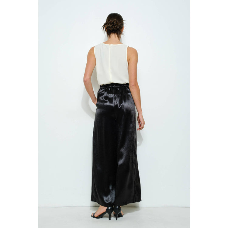 Braided Fabric Belt Detail Satin Wide Pants