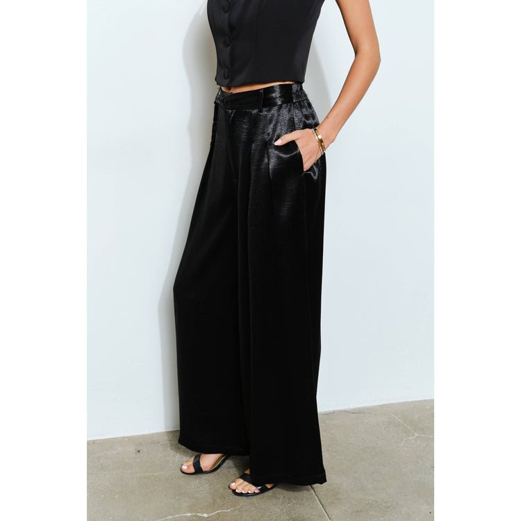 Braided Fabric Belt Detail Satin Wide Pants