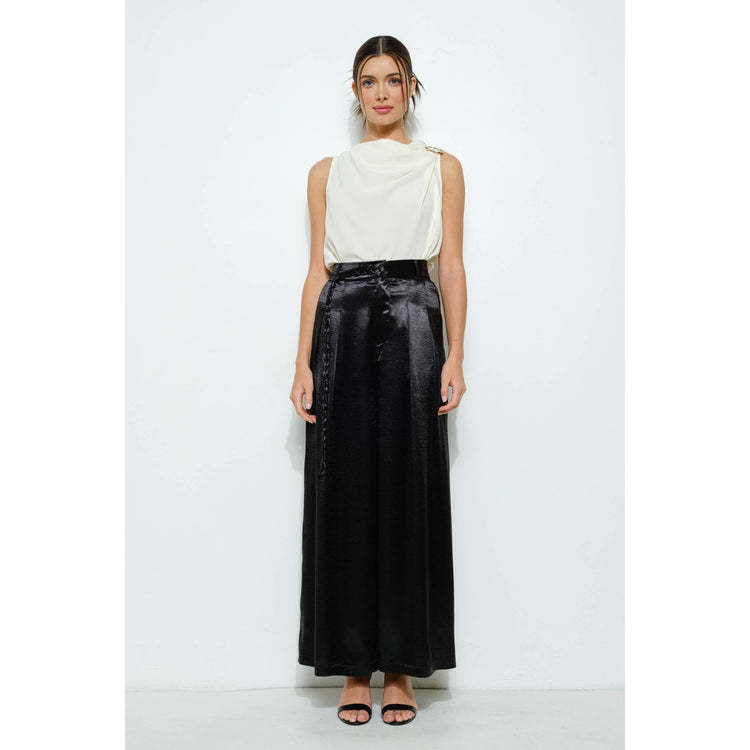 Braided Fabric Belt Detail Satin Wide Pants