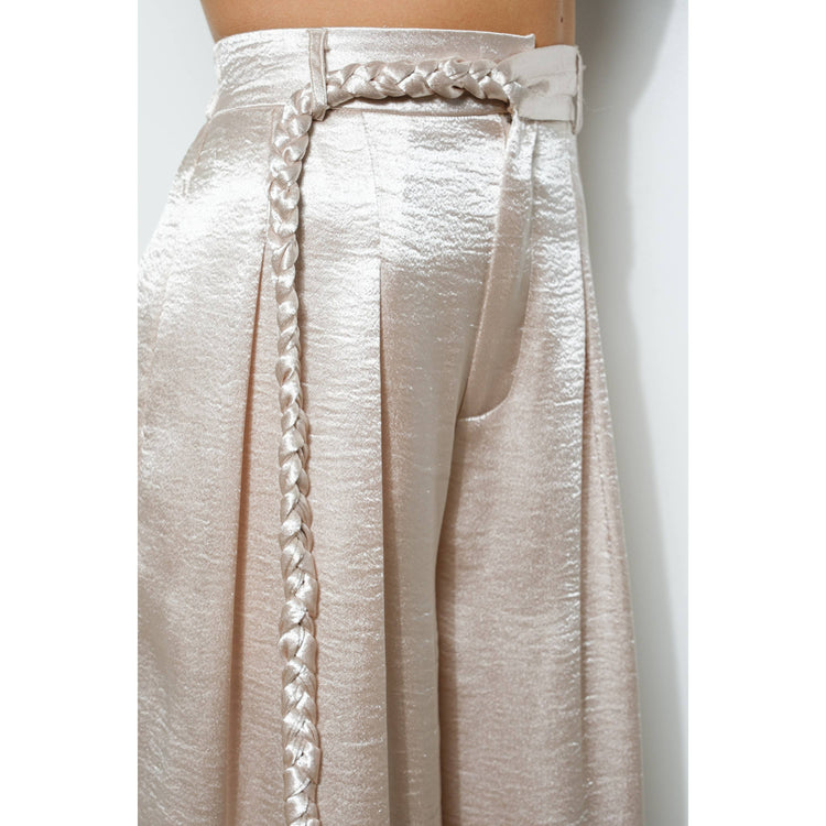 Braided Fabric Belt Detail Satin Wide Pants