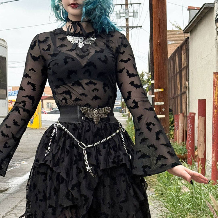 Bat Repeat Mesh Bell Sleeve Top