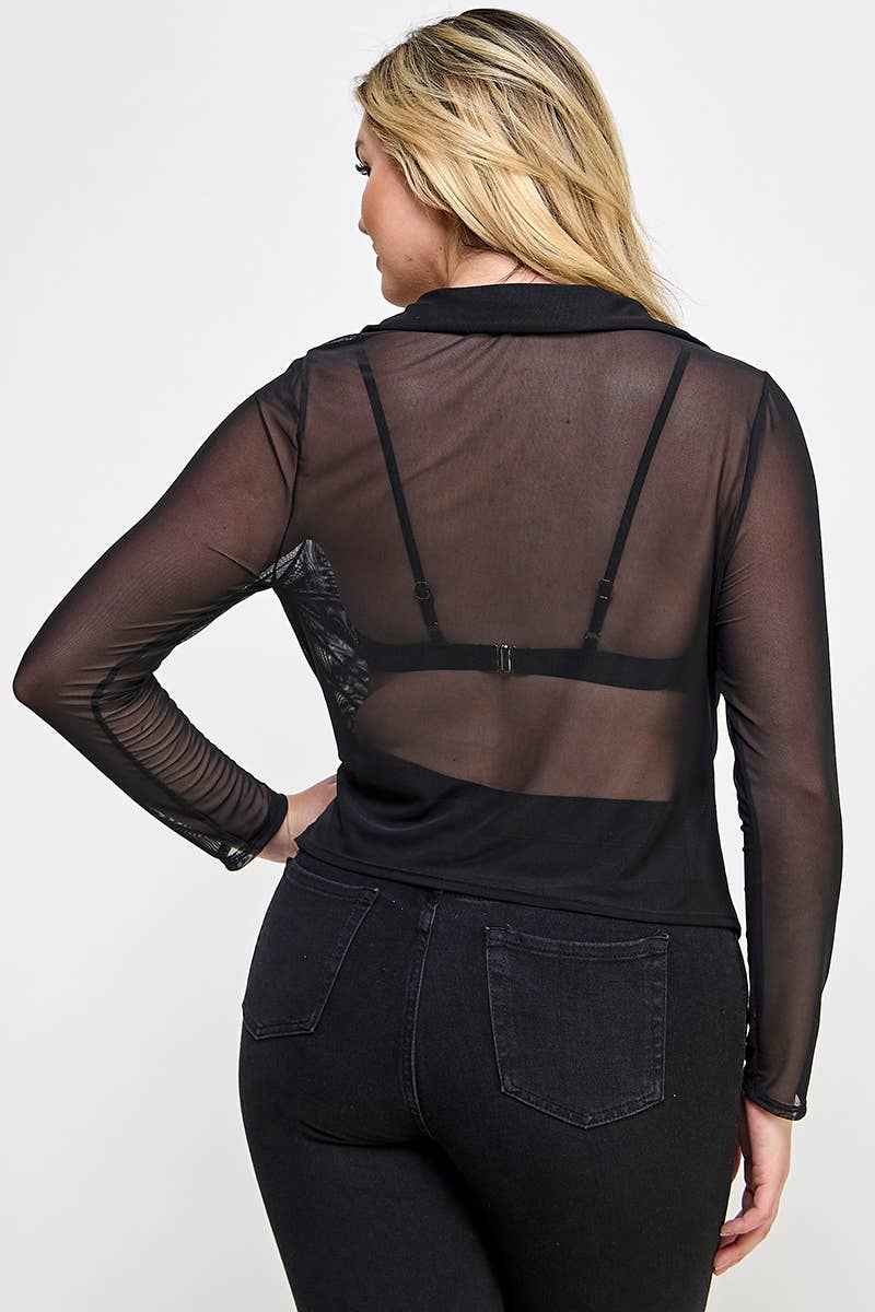 Plus Size Long Sleeve Mesh Collar Button Down Top JK18613-T