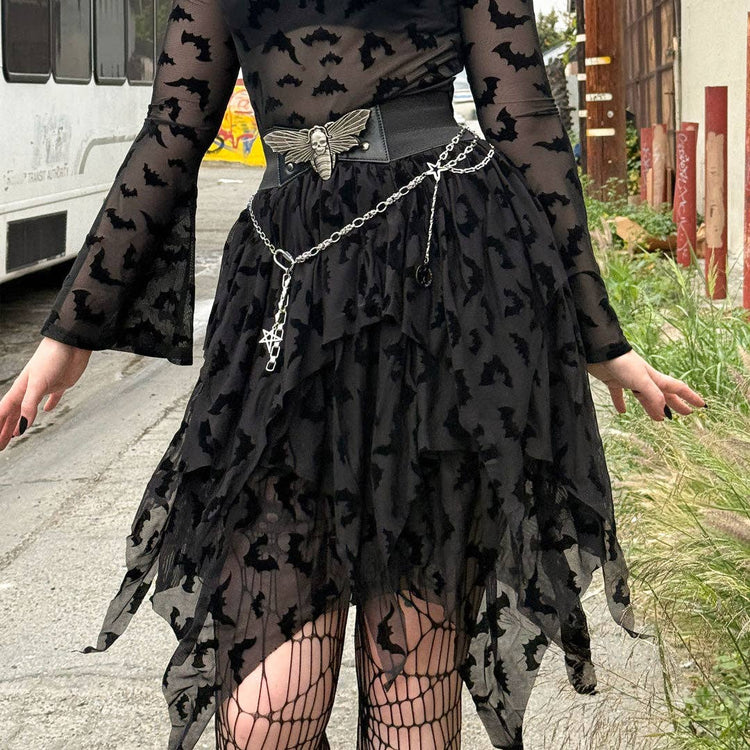 Bat Repeat Mesh Tiered Midi Skirt