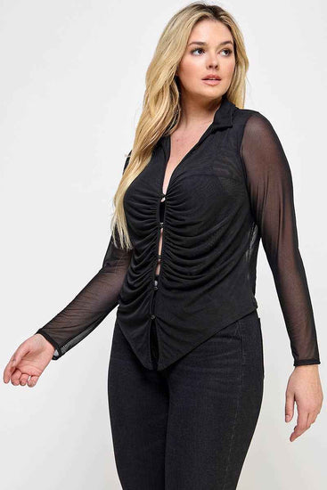 Plus Size Long Sleeve Mesh Collar Button Down Top JK18613-T