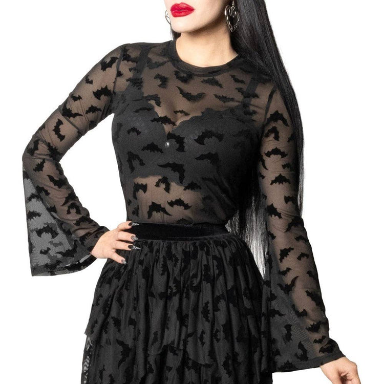 Bat Repeat Mesh Bell Sleeve Top