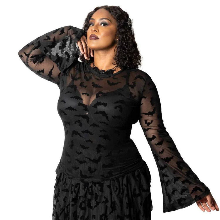 Bat Repeat Mesh Bell Sleeve Top