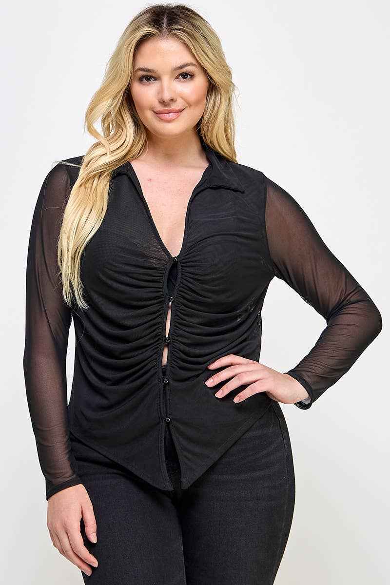Plus Size Long Sleeve Mesh Collar Button Down Top JK18613-T