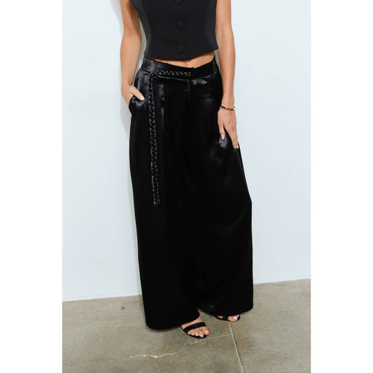 Braided Fabric Belt Detail Satin Wide Pants