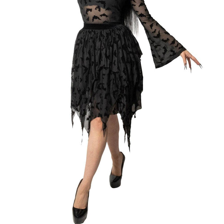 Bat Repeat Mesh Tiered Midi Skirt