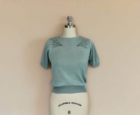 Pastel Sage Spiderweb Sweater Top | Vintage Spooky Knit