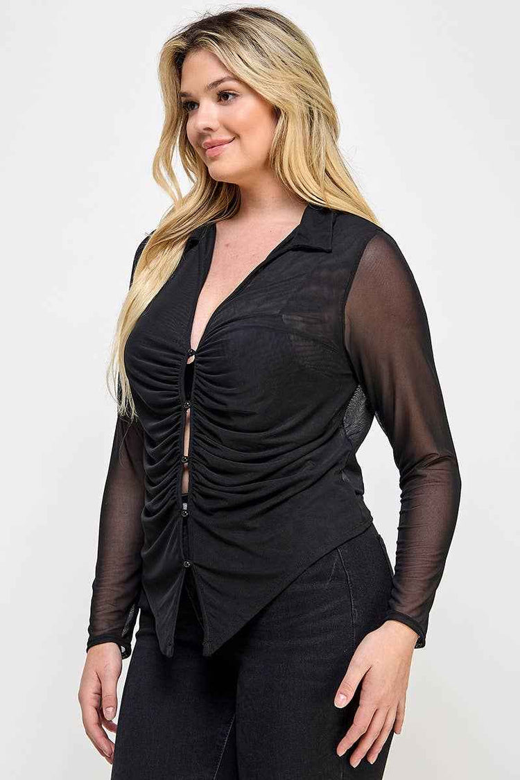 Plus Size Long Sleeve Mesh Collar Button Down Top JK18613-T