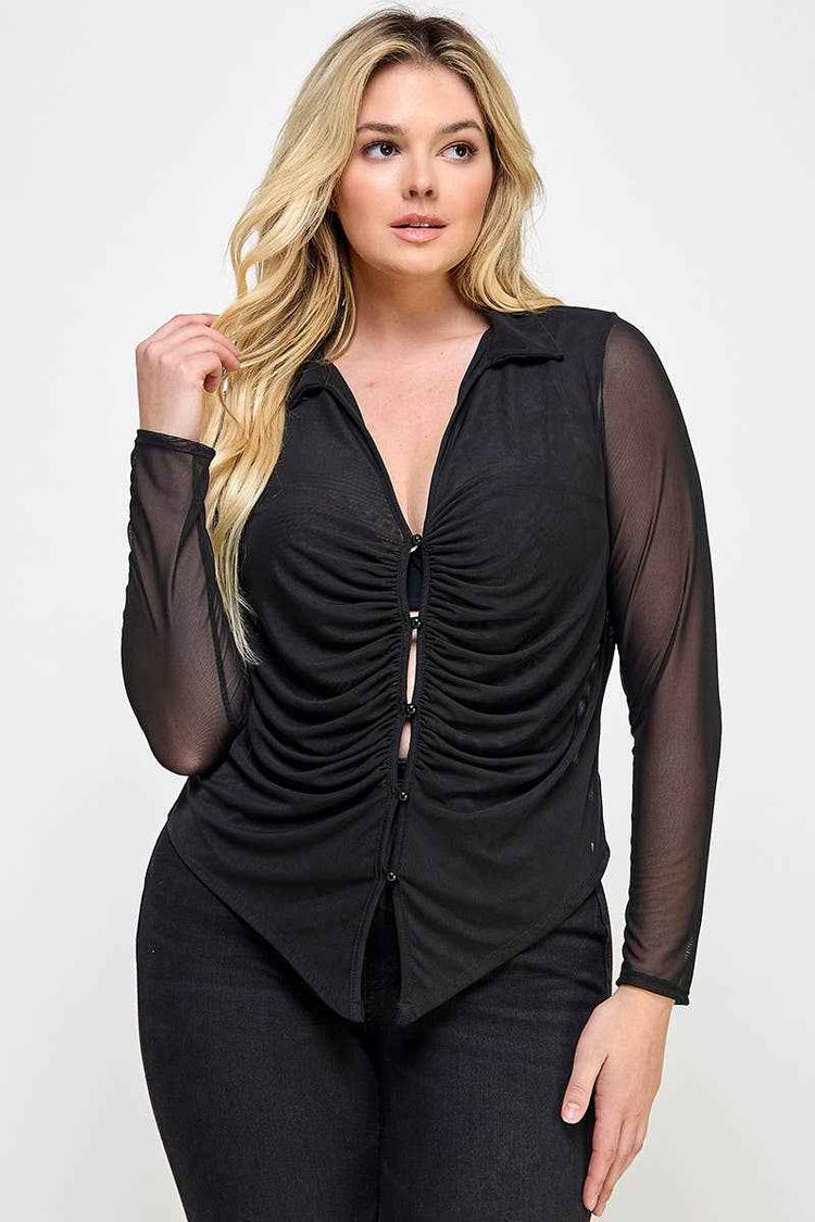 Plus Size Long Sleeve Mesh Collar Button Down Top JK18613-T