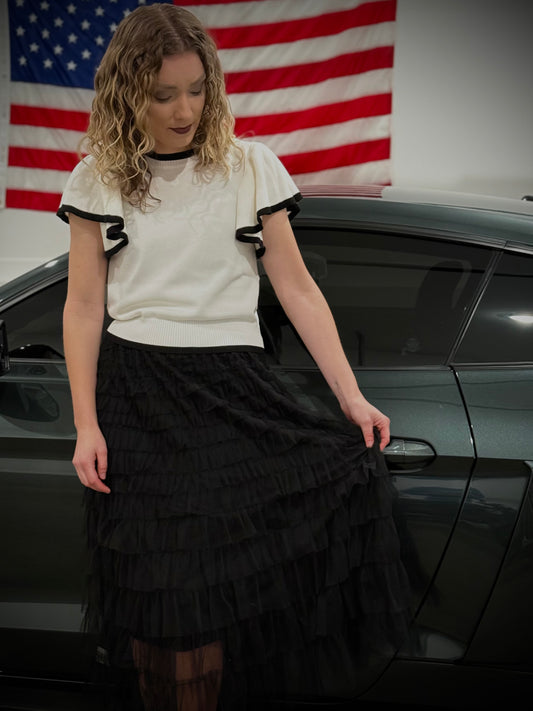 Small & Medium Left! ADORA Elastic Waist Layered Mesh Midi Skirt