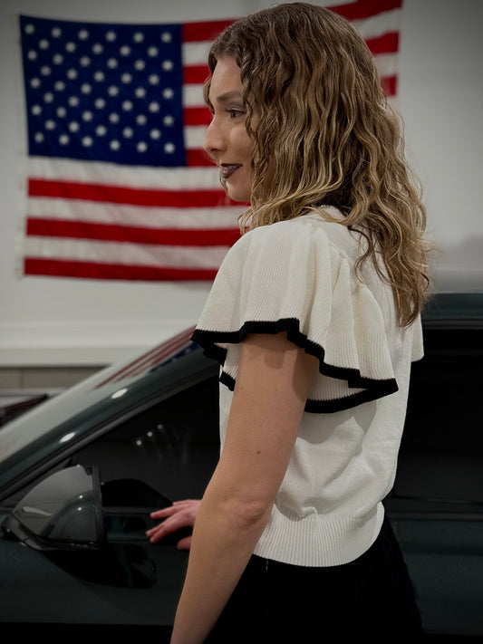 Medium & Large Left! Mittoshop Contrast Trim Ruffled Cap Sleeve Knit Top