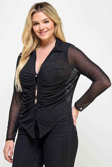 Plus Size Long Sleeve Mesh Collar Button Down Top JK18613-T