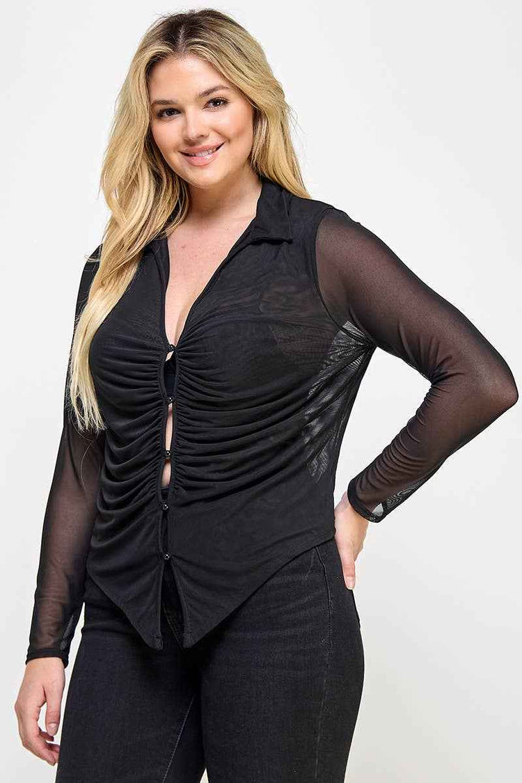 Plus Size Long Sleeve Mesh Collar Button Down Top JK18613-T