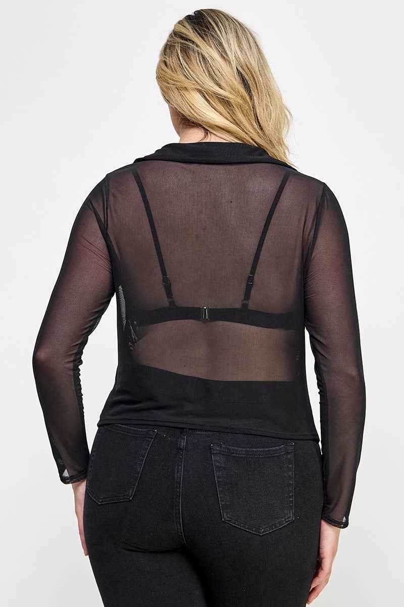 Plus Size Long Sleeve Mesh Collar Button Down Top JK18613-T