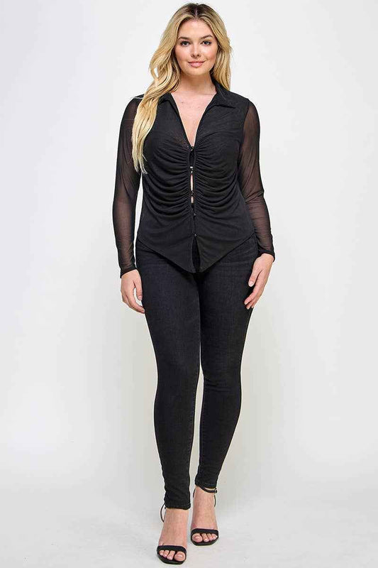 Plus Size Long Sleeve Mesh Collar Button Down Top JK18613-T