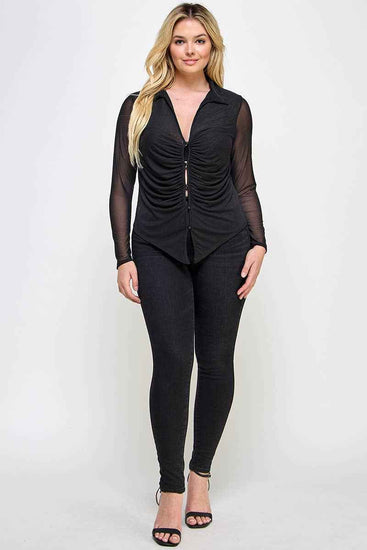 Plus Size Long Sleeve Mesh Collar Button Down Top JK18613-T