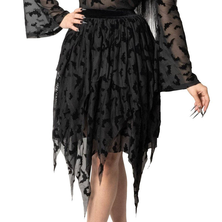 Bat Repeat Mesh Tiered Midi Skirt