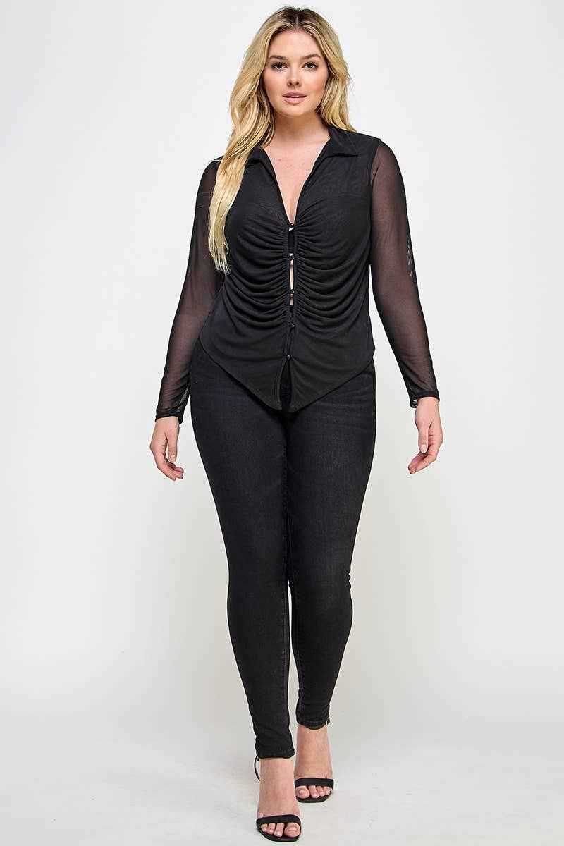 Plus Size Long Sleeve Mesh Collar Button Down Top JK18613-T