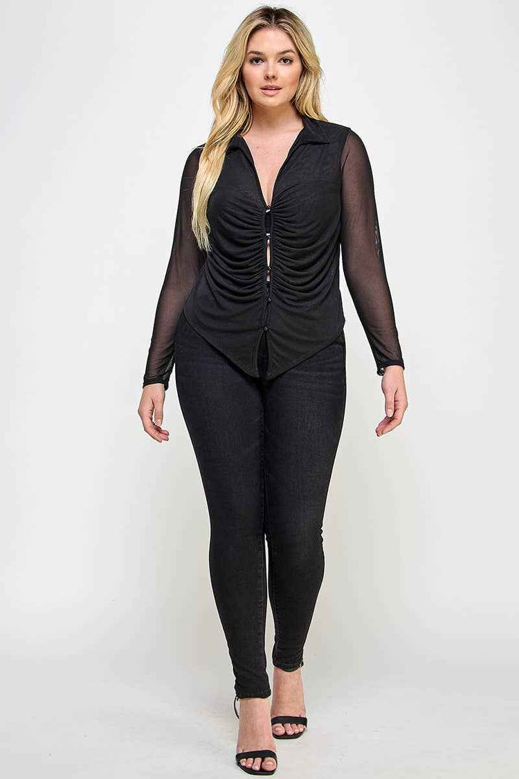 Plus Size Long Sleeve Mesh Collar Button Down Top JK18613-T