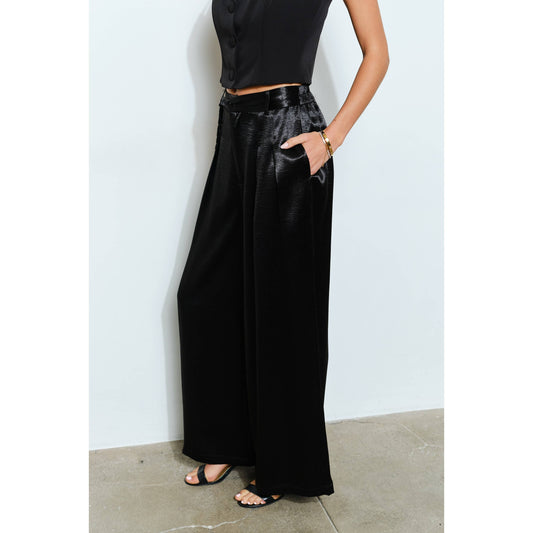 Braided Fabric Belt Detail Satin Wide Pants