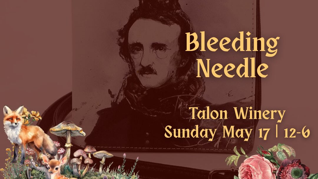 Promotional poster for 'Bleeding Needle' at Talon Winery featuring a portrait of a man with a cat on his shoulder, surrounded by nature elements.